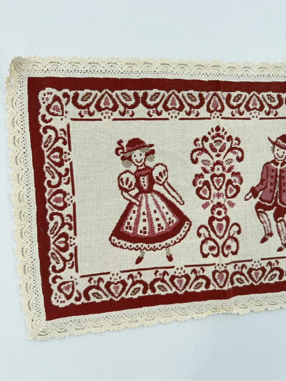 Vintage European Folk Art Table Mat Red Cream Lace Trim Alpine Couple